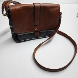 Fossil Purse Kinley Black and White Striped Canvas Brown Leather Crossbody Bag